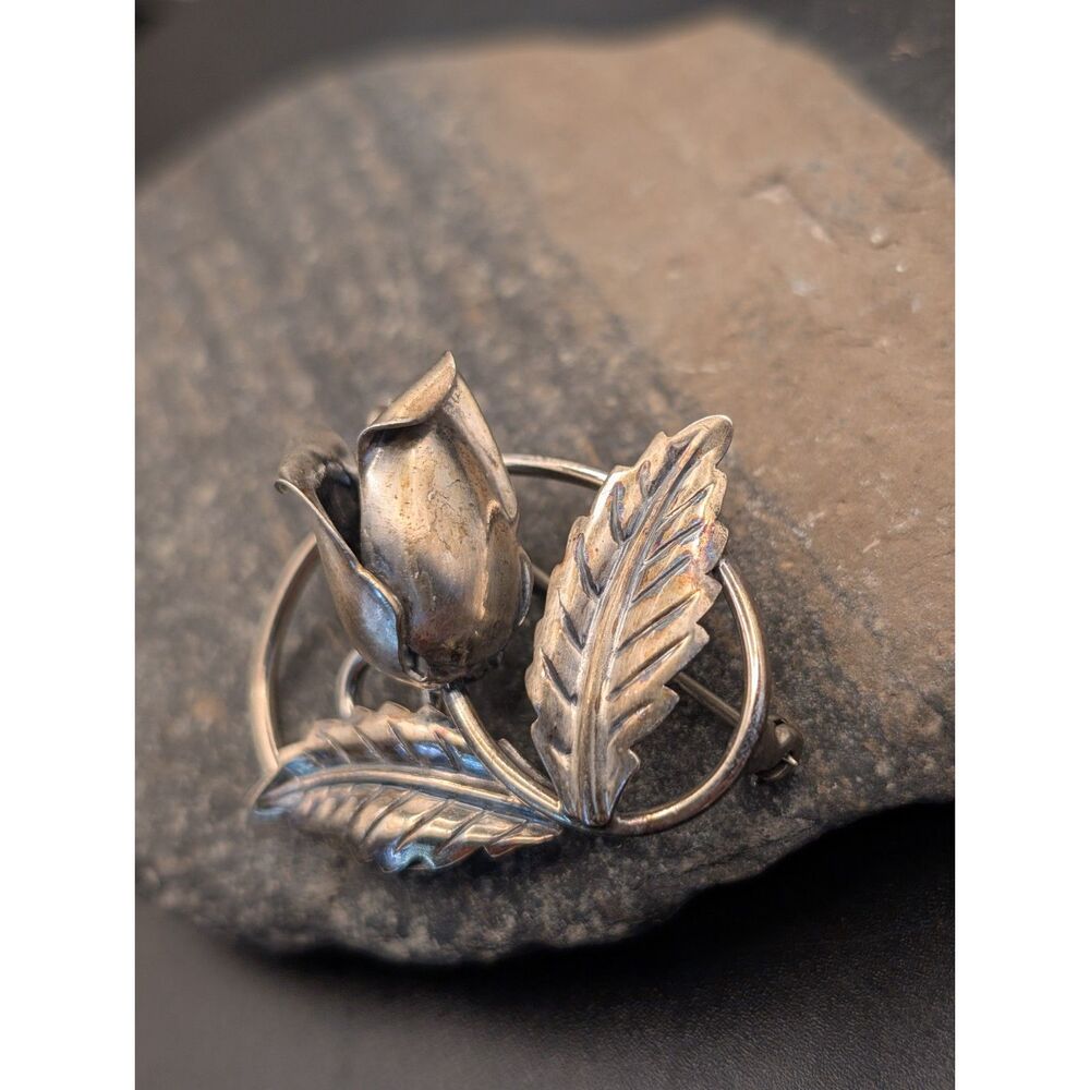 Jewelart Sterling Rosebud Brooch Vintage Floral Silver Pin